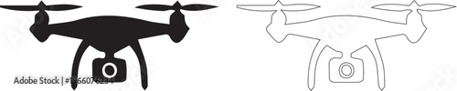 Professional Drone Quadcopter with Camera Icon Set in Solid Black Silhouette and Thin Line Art Style