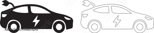 Electric Car Icon Set with Lightning Bolt and Charging Plug in Silhouette and Line Art Style