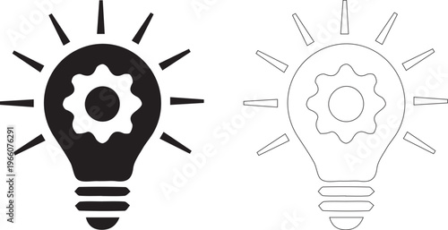 Light bulb with gear icon representing creative idea generation and technical innovation in flat and line style.