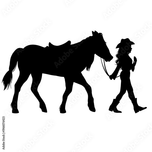 Cowgirl walking with her horse silhouette on transparent background representing rural lifestyle