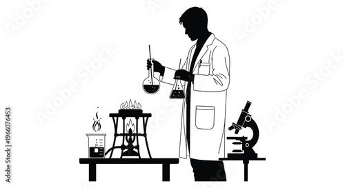 A scientist conducts an experiment with glassware and a burner presented as a striking silhouette high quality professional detailed modern elegant