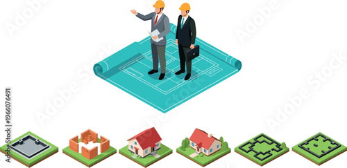 Isometric Construction Blueprint Vector Illustration with Engineers, Building Stages, and House Designs for Architecture, Planning, and Real Estate Development