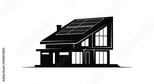 A modern house with a sharply angled roof and solar panels is depicted in a striking black silhouette high quality professional