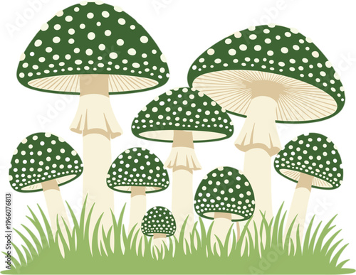 Mushroom Collection Set with Green Spotted Toadstools and Grass Elements Fantasy Forest Nature Illustration Design