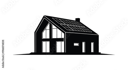 A modern house with a steeply pitched roof and solar panels is depicted in a stark silhouette high quality professional detailed