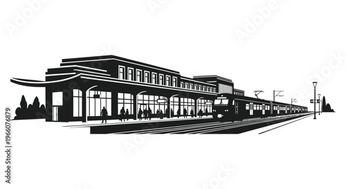 A striking black and white illustration depicts a busy train station platform with passengers and a train silhouette high quality professional