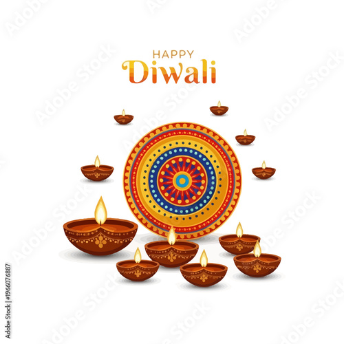 Happy Diwali Festival Celebration with Traditional Oil Lamps (Diyas) and Rangoli