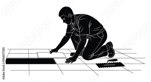A man kneeling and installing tile flooring depicted in a striking black silhouette high quality professional detailed modern elegant stylish clean