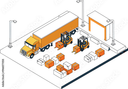 Isometric Warehouse Loading and Unloading Vector Illustration with Forklift, Delivery Truck, Packages, and Storage for Logistics and Distribution