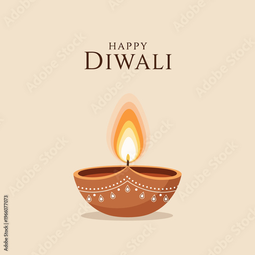 Happy Diwali greeting with traditional diya lamp and flame on beige background