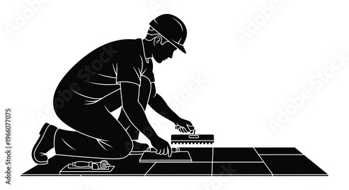 A construction worker kneels repairing flooring with tools depicted in a striking black silhouette high quality professional detailed modern elegant stylish