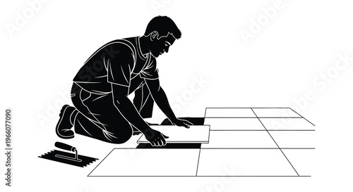 A kneeling man installs floor tiles depicted in a stark black and white style silhouette high quality professional detailed modern elegant