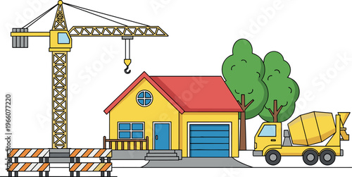 Construction Site Vector Illustration Featuring Crane, Cement Mixer, House, Trees, and Safety Barricades for Residential Development and Urban Planning