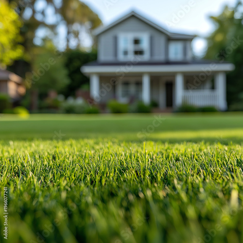 neatly mown front yard. house blurred in background