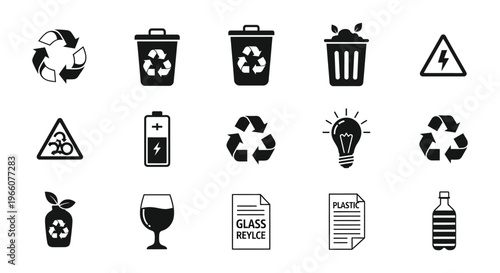 Black silhouettes depicting recycling waste management energy and hazard symbols on a white background silhouette high quality professional detailed modern elegant