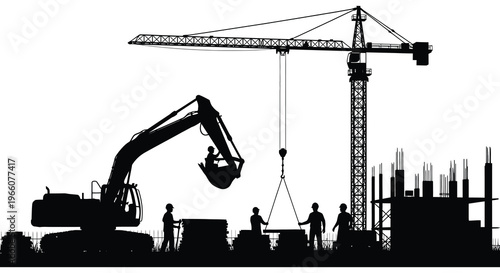 Construction site with a towering crane excavators and workers all presented in a striking silhouette high quality professional detailed modern elegant