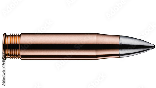 Photography Copper rifle bullet silver tip threaded base, isolated on transparent background