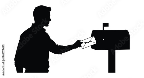 A man in profile is depicted inserting a letter into a mailbox creating a striking silhouette high quality professional detailed modern