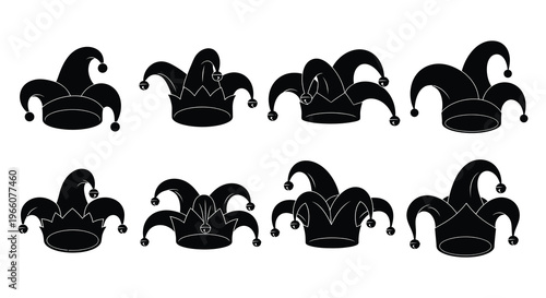 A collection of eight black jester hats displayed against a white background showcasing a distinct silhouette high quality professional detailed modern