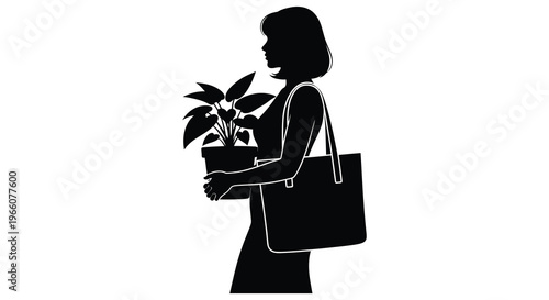 A woman carrying a plant in a pot and a tote bag is depicted in a striking silhouette high quality professional