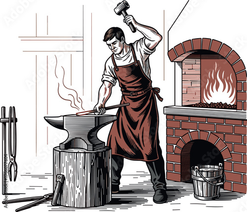 A blacksmith working at an anvil in a traditional workshop setting