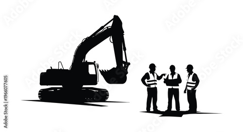 Construction scene depicting an excavator and workers in discussion all rendered as a striking silhouette high quality professional detailed modern elegant
