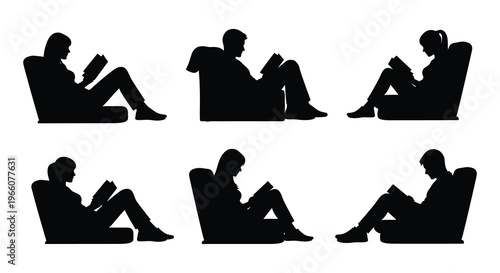 A collection of people deeply engrossed in reading depicted in a striking black silhouette high quality professional detailed modern elegant stylish