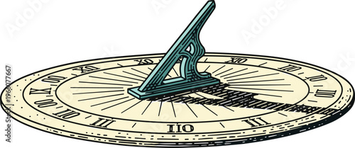 An illustrated sundial with a green metal gnomon on a white background