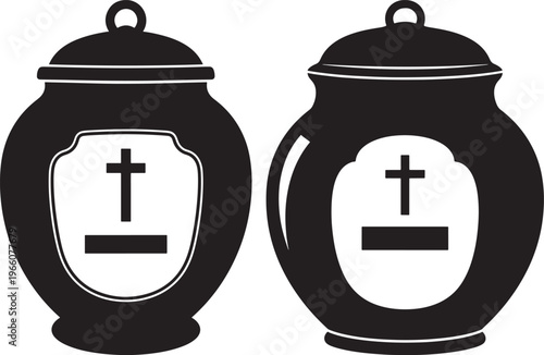 Two black and white silhouette icons of cremation urns with christian cross symbols