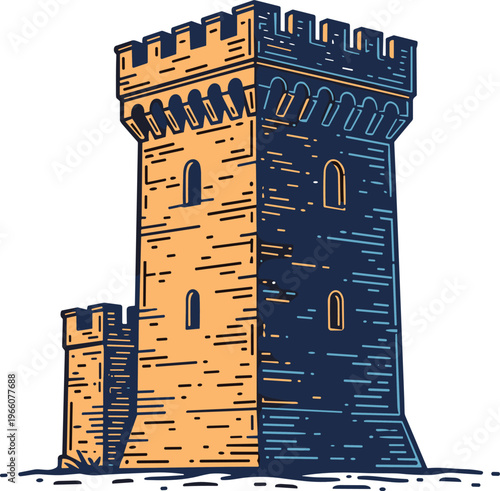 An illustration of a medieval castle tower with a smaller turret beside it