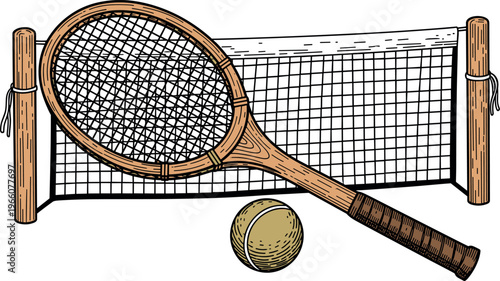 An illustration of a tennis racket and ball in front of a net