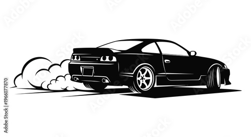 A sleek sports car performs a dramatic drift leaving tire smoke behind in a striking black silhouette high quality professional detailed