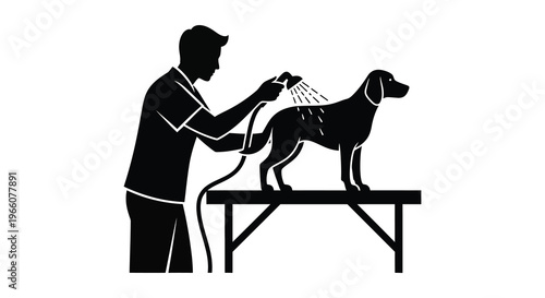 A man is shown bathing a dog with a handheld sprayer depicted in a striking black silhouette high quality professional detailed