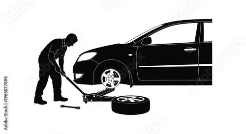 A man changes a tire on a car utilizing a jack and wrench presented in stark silhouette high quality professional detailed
