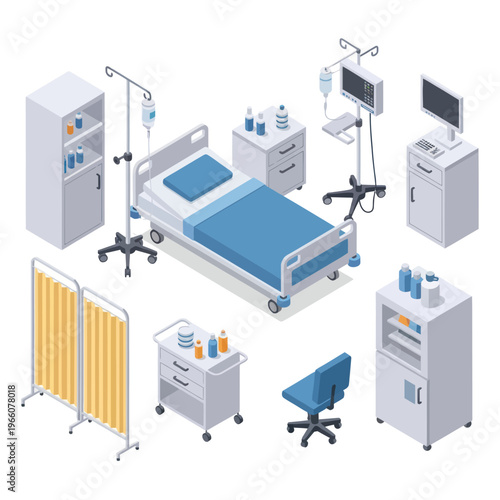 Isometric Hospital Room Furniture and Medical Equipment Set.