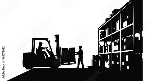 A forklift transports goods near a warehouse worker showcasing industrial logistics in a striking black silhouette high quality professional detailed modern