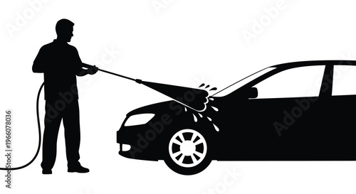 A black silhouette depicts a person washing a car with a high pressure hose emphasizing automotive care silhouette high quality professional detailed