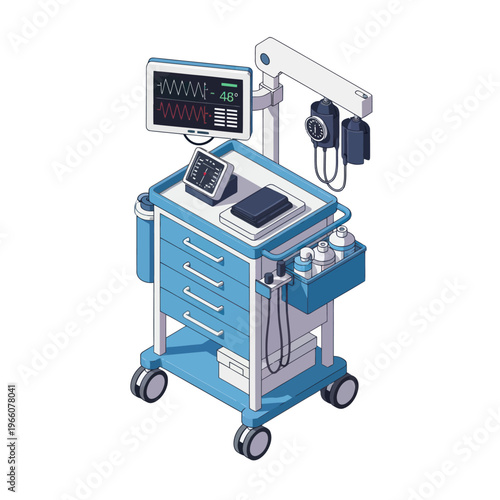 Isometric illustration of a medical emergency cart with vital signs monitor.