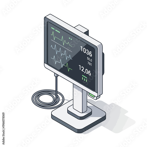 Isometric Medical Monitor Displaying Vital Signs and Heartbeat Data.