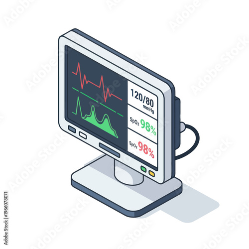 Isometric Medical Monitor Displaying Vital Signs and Heartbeat.
