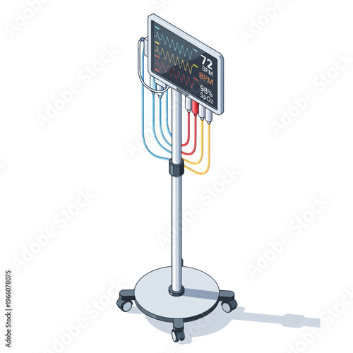 Isometric Medical Monitor with Vital Signs Display and Rolling Stand.