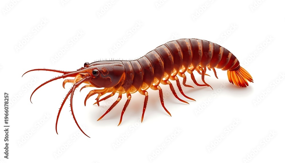 Fototapeta premium A detailed, vibrant reddish-brown shrimp or prawn with many legs and long antennae, isolated on white.