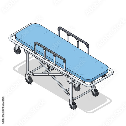 Medical Stretcher with Blue Mattress and Wheels for Patient Transport.