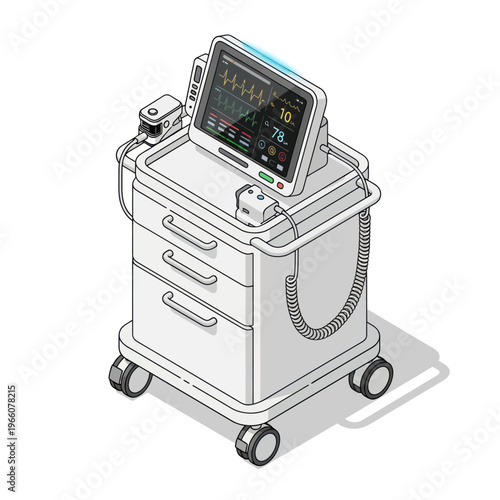 Medical Monitor Cart with Vital Signs Display Isometric Illustration.