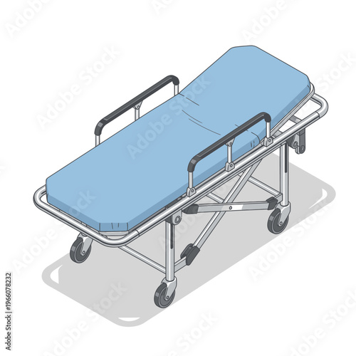 Medical Stretcher with Blue Mattress and Wheels Isometric View.