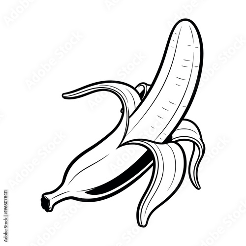 Black and white vector illustration of a partially peeled banana, ready to eat.