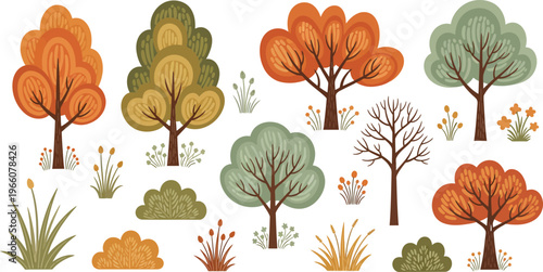 Collection of colorful trees and shrubs with fall foliage on white background