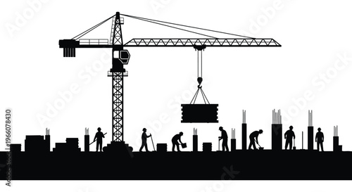 A stark black silhouette depicts a construction site with a crane workers and building materials showcasing industrial activity high quality professional