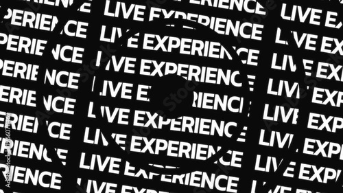 Rotating circular text animation displaying live experience phrase arranged in concentric motion with central empty space for overlay content.