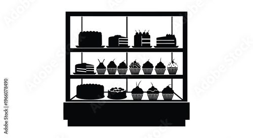A black silhouette displays a variety of cakes cupcakes and pastries arranged on shelves in a bakery case silhouette high quality